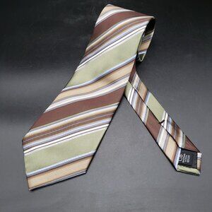 Geoffrey Beene Silk Tie Brown Green Blue Striped 58"x3.75" Hand Made Classic